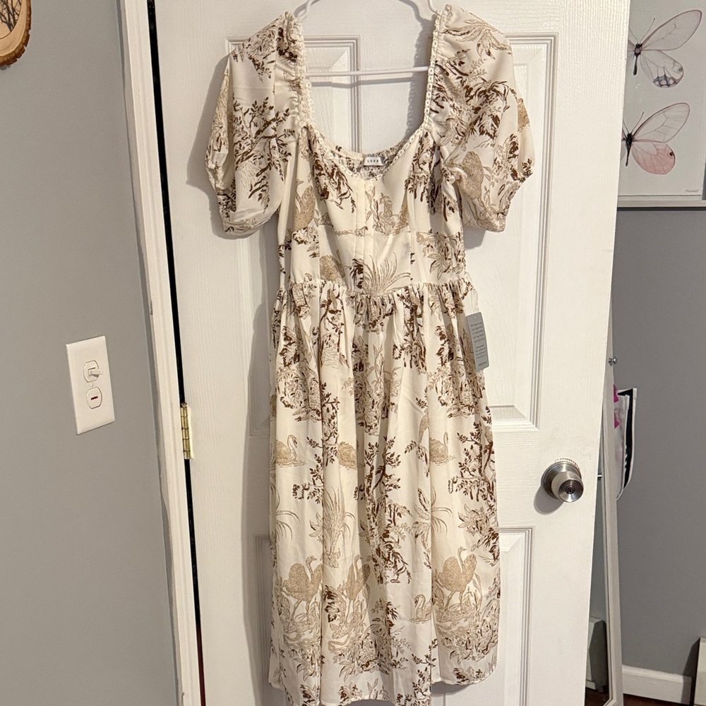 LUSH Cream and Brown Floral Sundress with Lace Trim